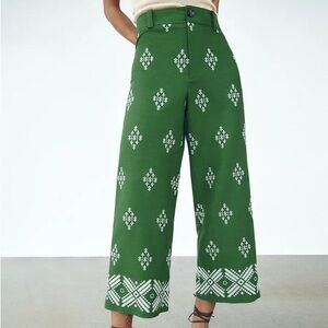 Zara Green Linen Embroidered Cropped High Waist Pants